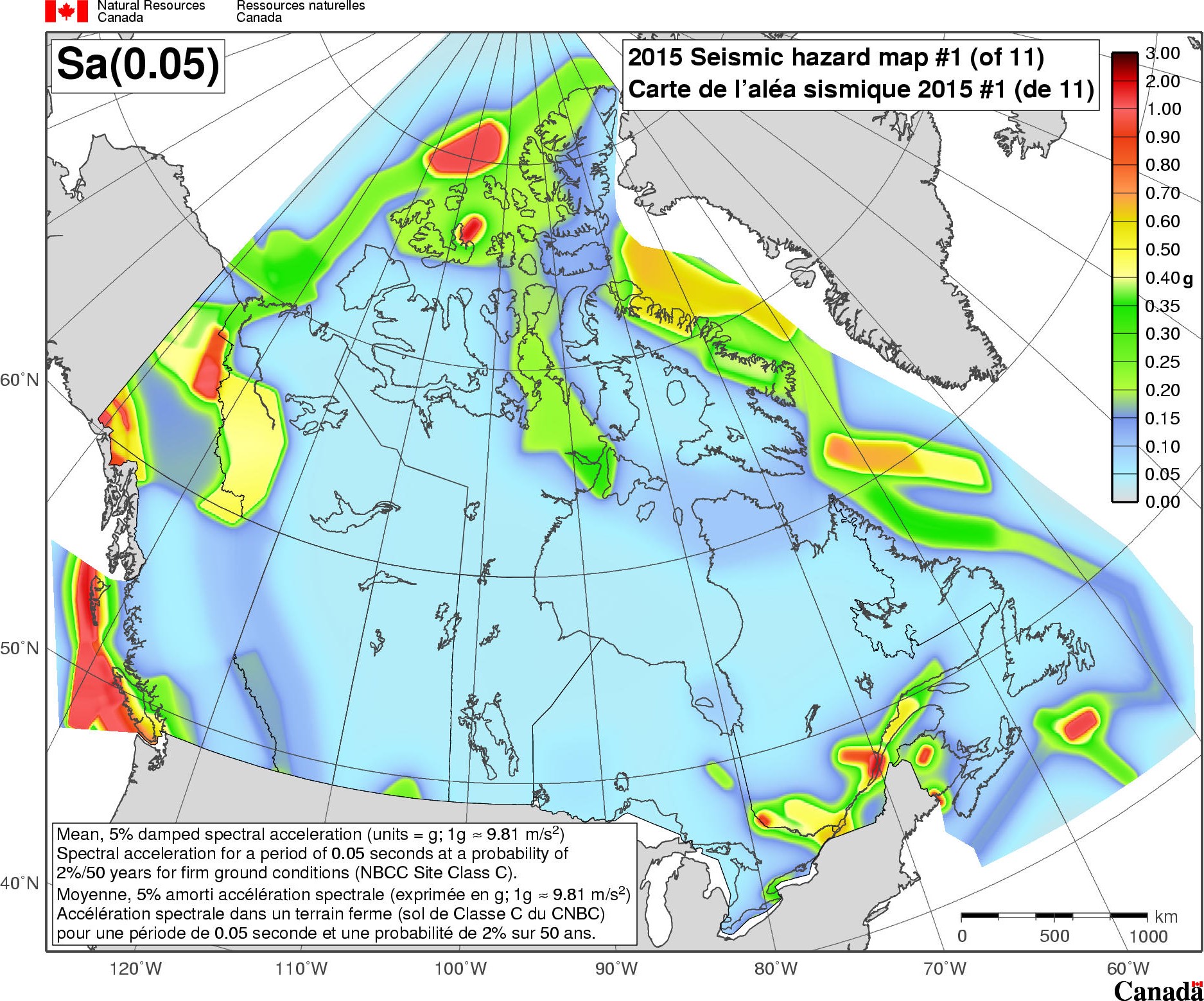 Carte de l'aléa sismique du CNBC 2015 - Sa(0.05)