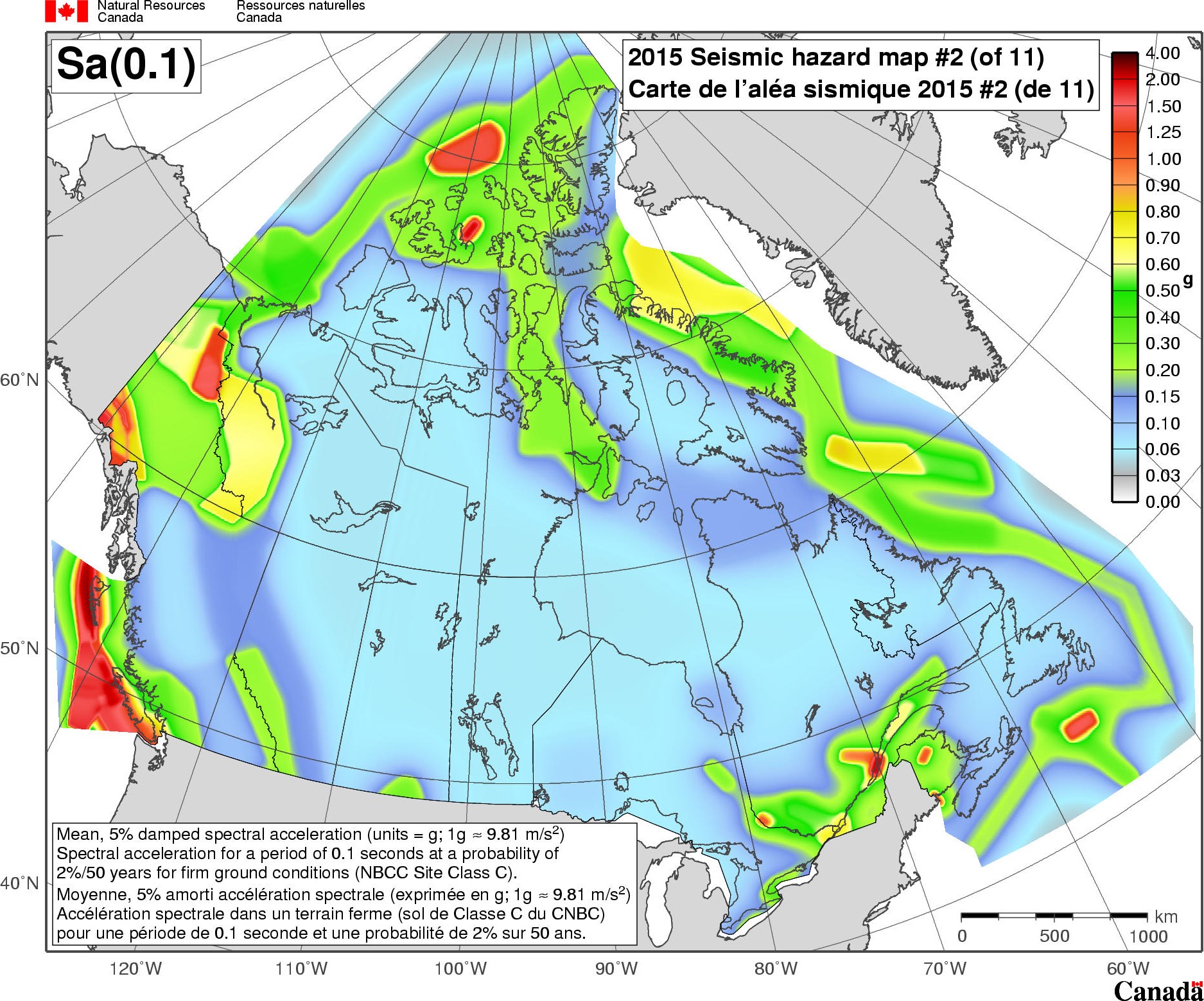 Carte de l'aléa sismique du CNBC 2015 - Sa(0.1)