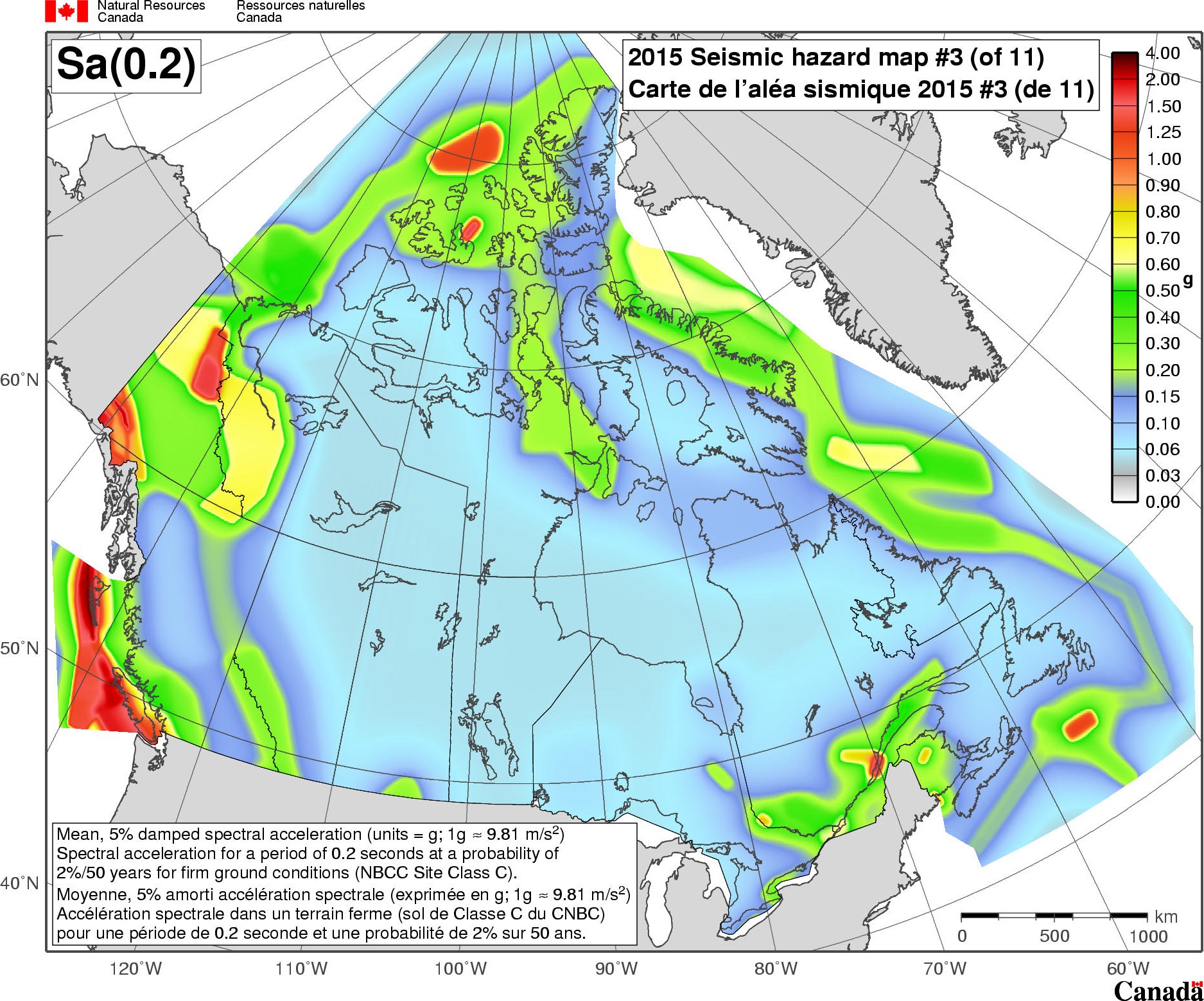 Carte de l'aléa sismique du CNBC 2015 - Sa(0.2)