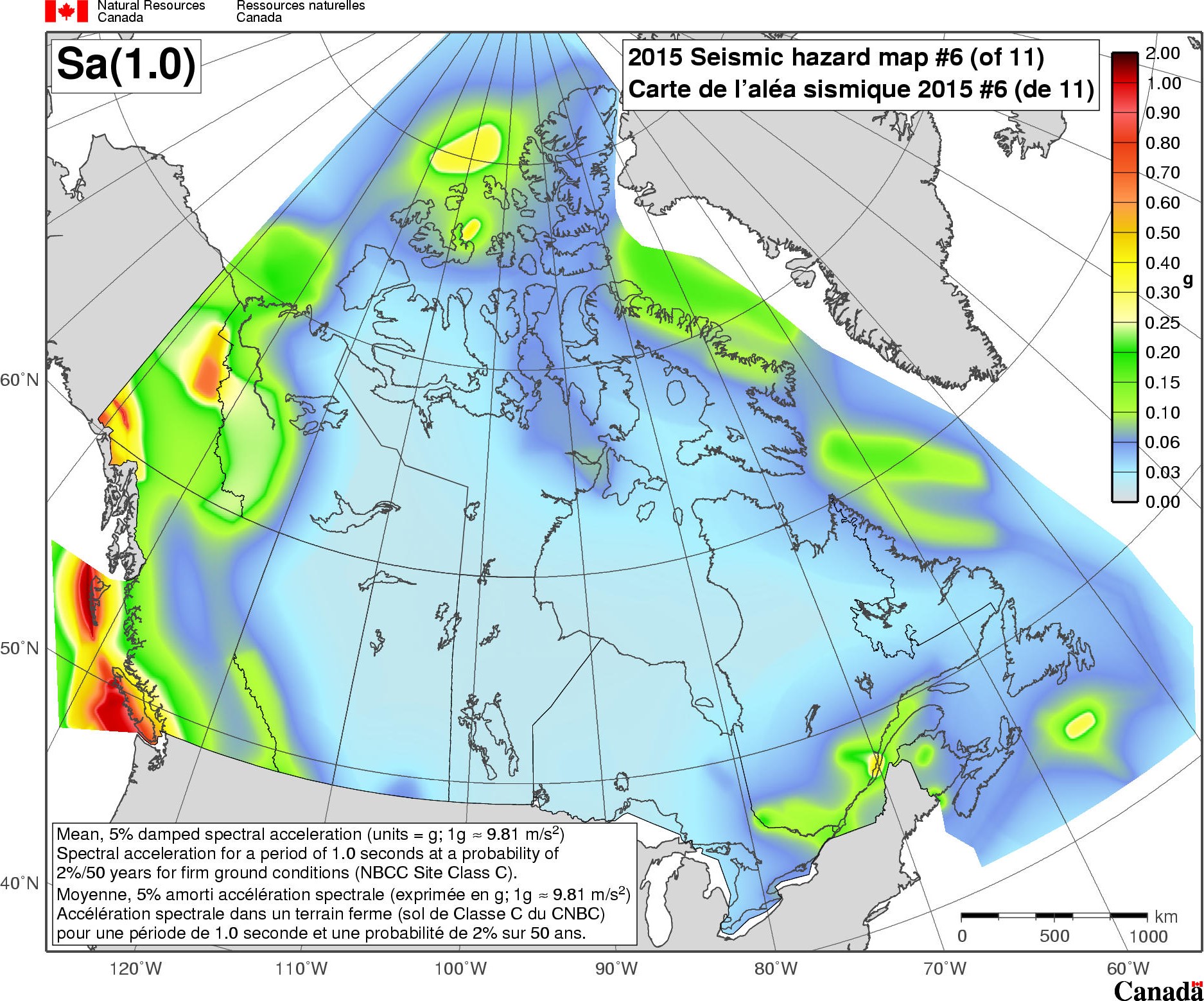 2015 NBCC seismic hazard map - Sa(1.0)