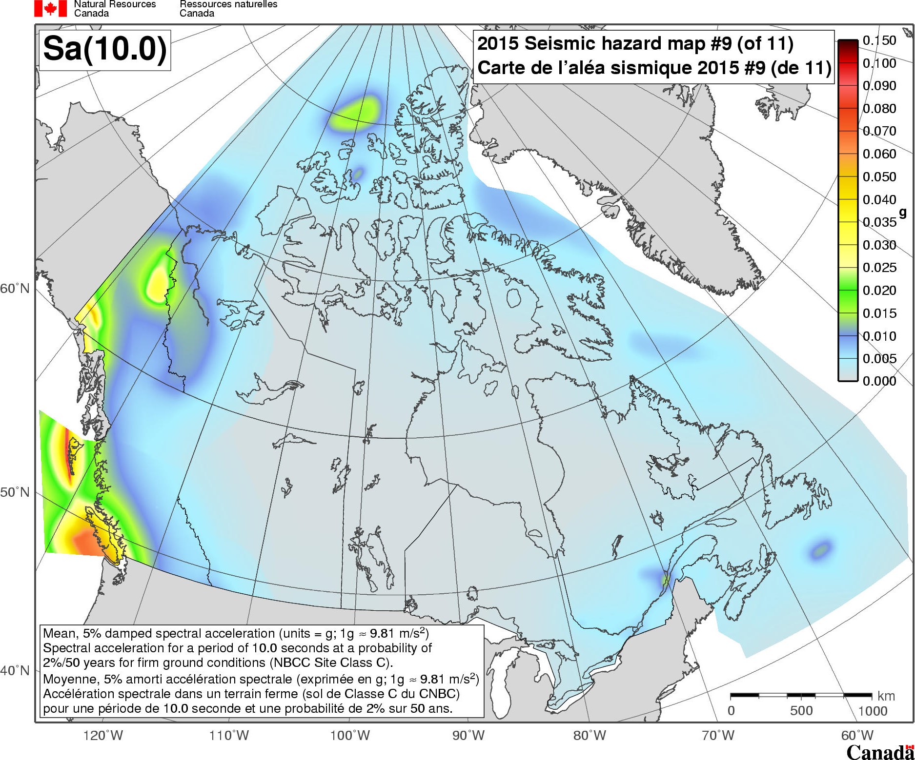 2015 NBCC seismic hazard map - Sa(10.0)