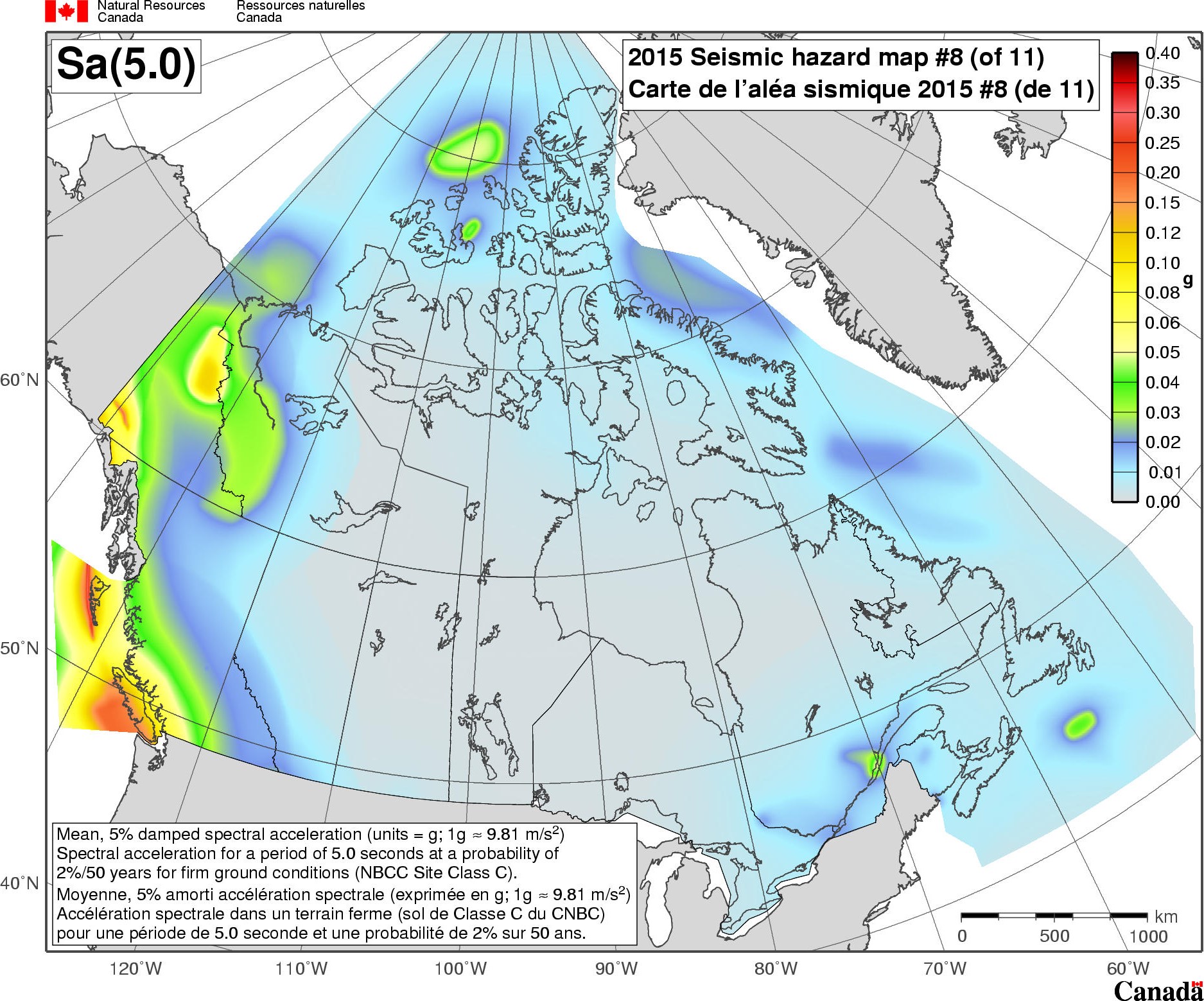 Carte de l'aléa sismique du CNBC 2015 - Sa(5.0)