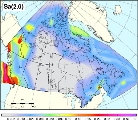 2005 NBCC seismic hazard map - Sa(2.0)