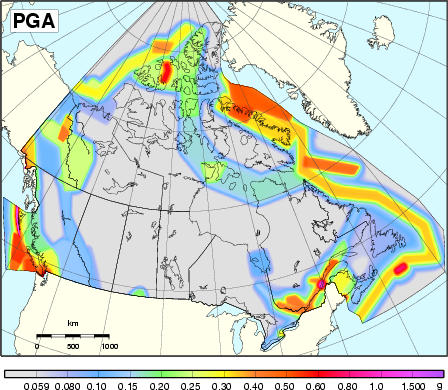 Carte de l'aléa sismique du CNBC 2005 - PGA