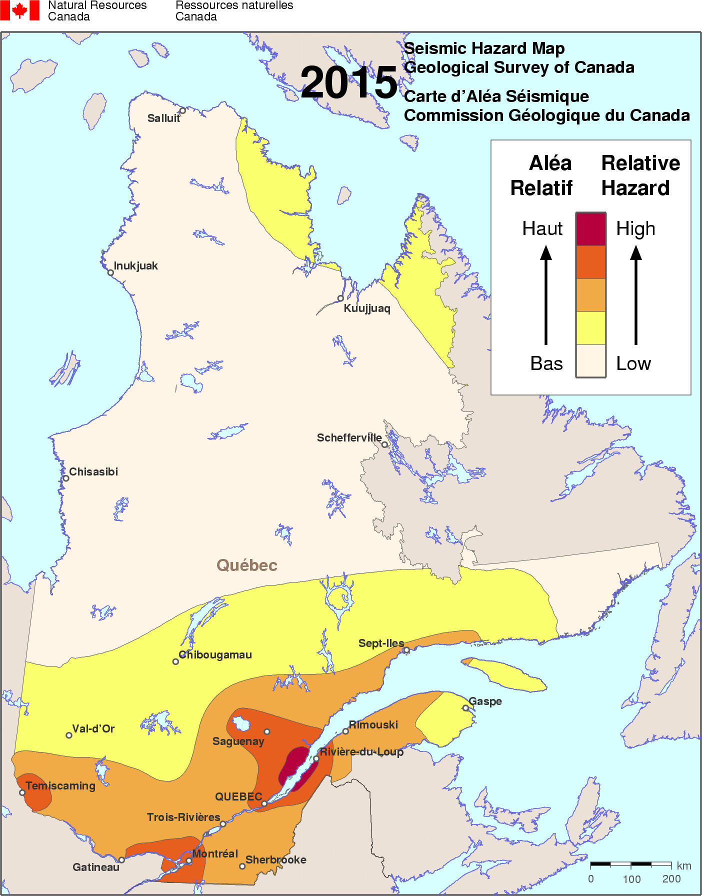 Carte simplifiée de l'aléa sismique - QC