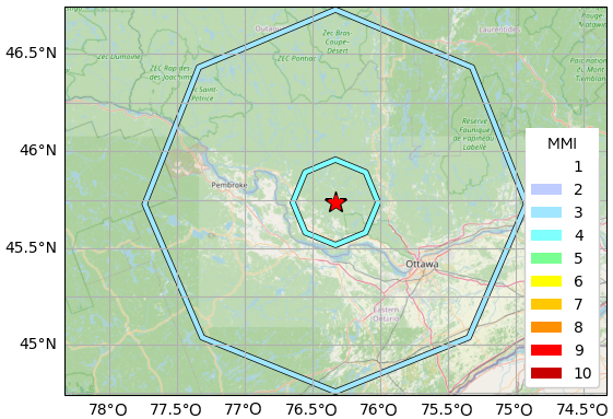 Contours d&rsquo;intensit&eacute; de secousse estim&eacute;s par le syst&egrave;me national d&rsquo;alerte sismique pr&eacute;coce, le contour bleu, plus grand, indiquant des secousses d&rsquo;intensit&eacute; III, et le contour turquoise, plus petit, indiquant des secousses d&rsquo;intensit&eacute; IV. L&rsquo;&eacute;toile rouge montre l&rsquo;&eacute;picentre du s&eacute;isme.