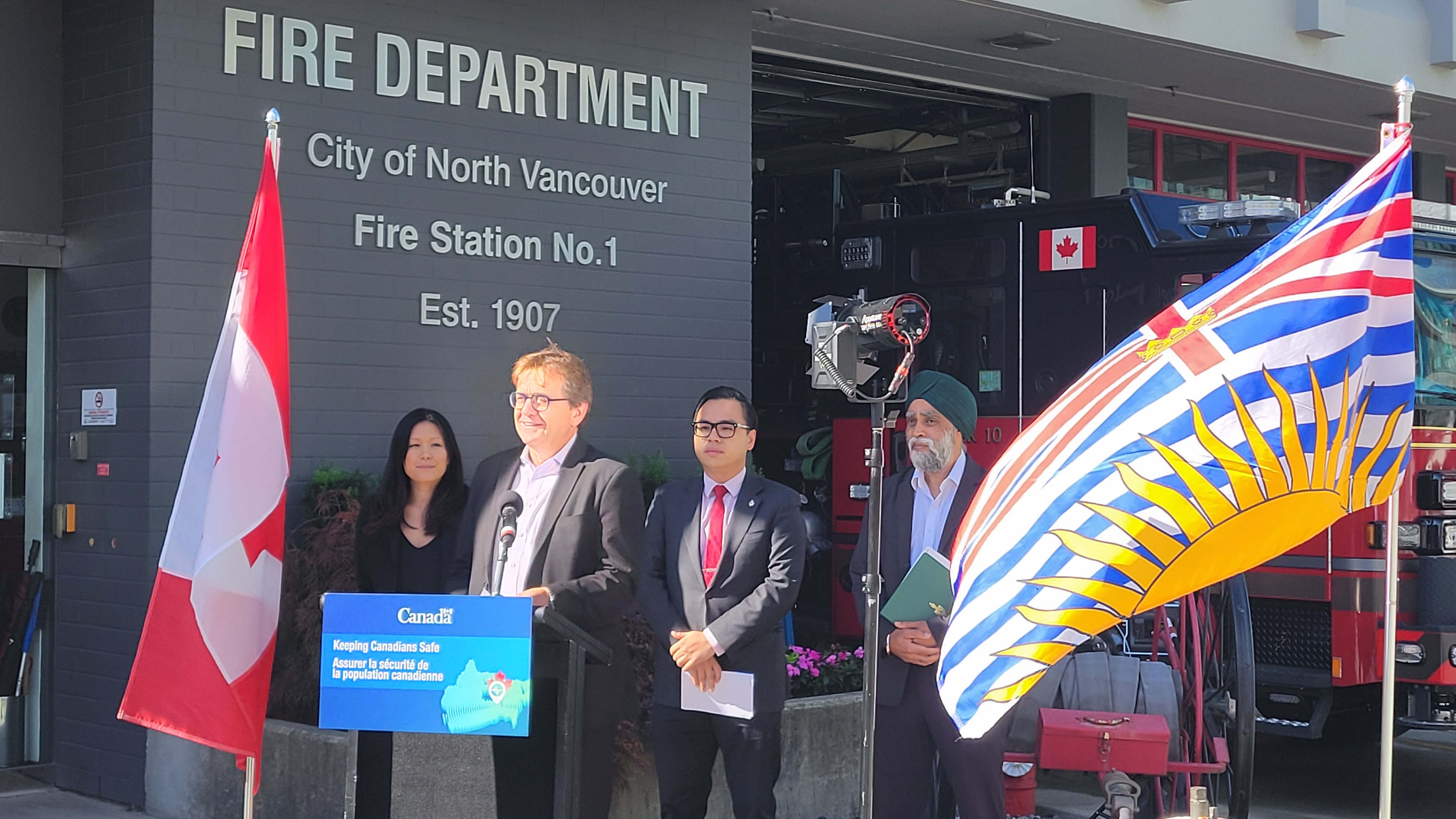 MLA Bowinn Ma, NRCan Minister Jonathan Wilkinson, MP Wilson Miao, and Emergency Preparedness Minister Harjit Sajjan