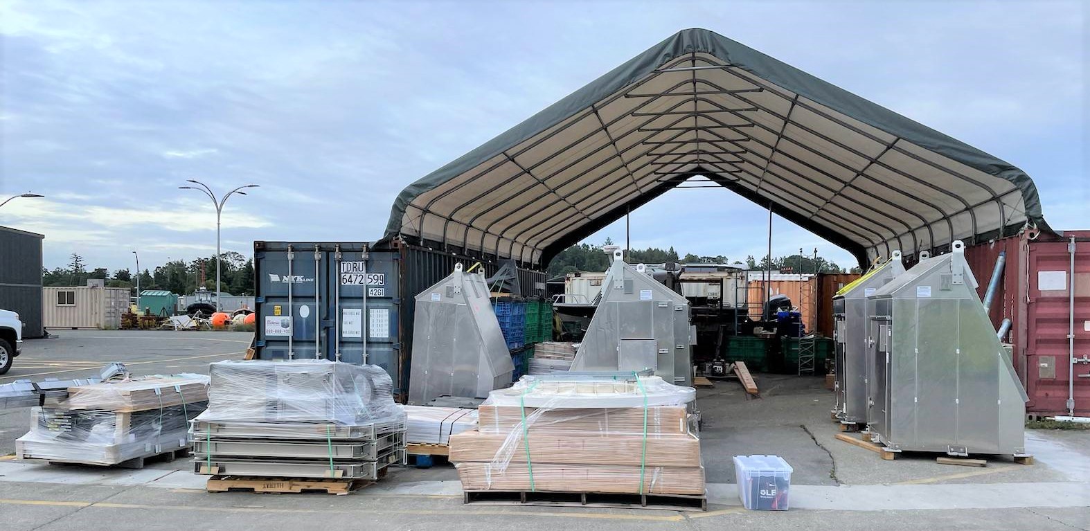 station equipment packaged for transport to Haida Gwaii