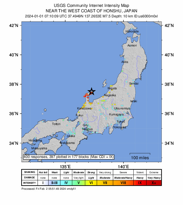 map of intensities from the United States Geological Survey