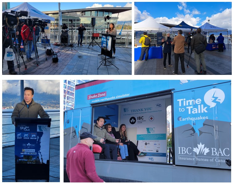 photos of media announcement, Alison Bird giving interview, Mayor Ken Sim, and the Quake Cottage earthquake simulator