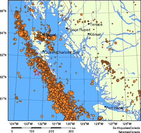 carte des des séismes de magnitude 2,0 et plus depuis 2000