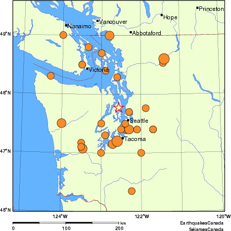 Map of historical earthquakes magnitude 5.0 and larger.  Details in the data table below