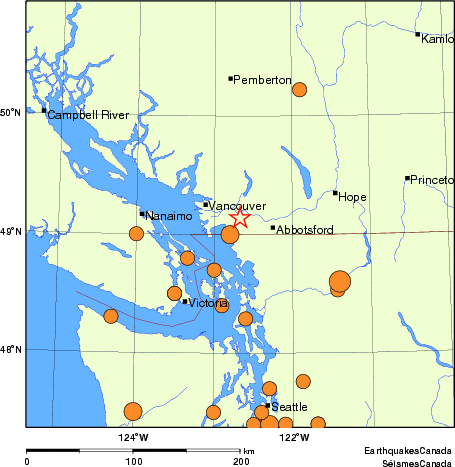 Map of historical earthquakes magnitude 5.0 and larger.  Details in the data table below