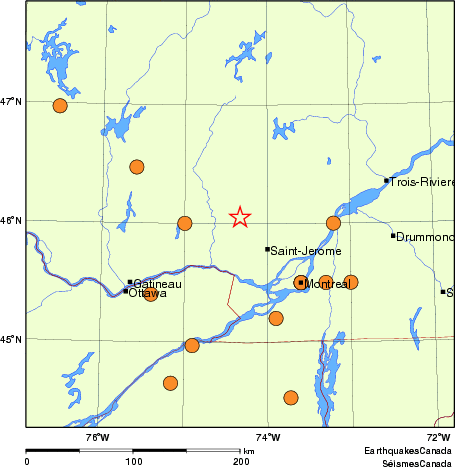 Map of historical earthquakes magnitude 5.0 and larger.  Details in the data table below