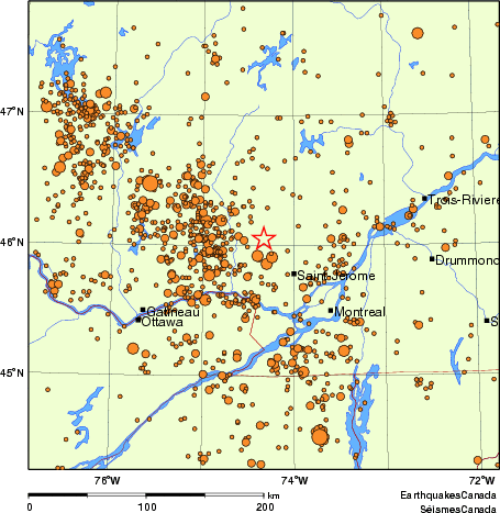 carte des des séismes de magnitude 2,0 et plus depuis 2000