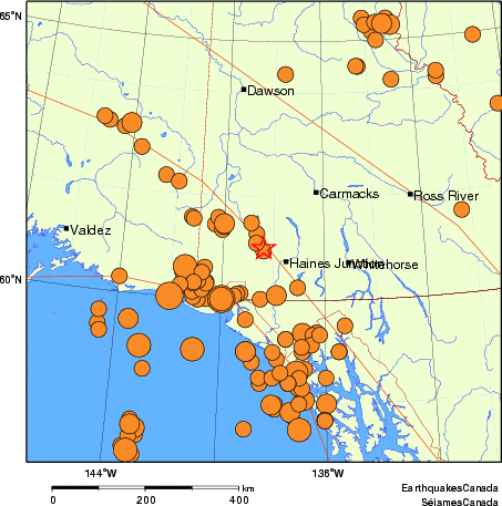 Map of historical earthquakes magnitude 5.0 and larger.  Details in the data table below