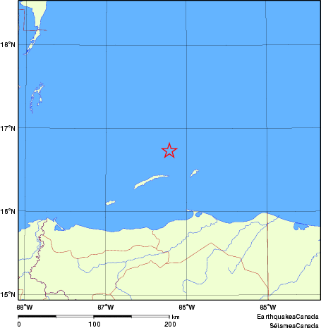 Map of historical earthquakes magnitude 5.0 and larger.  Details in the data table below