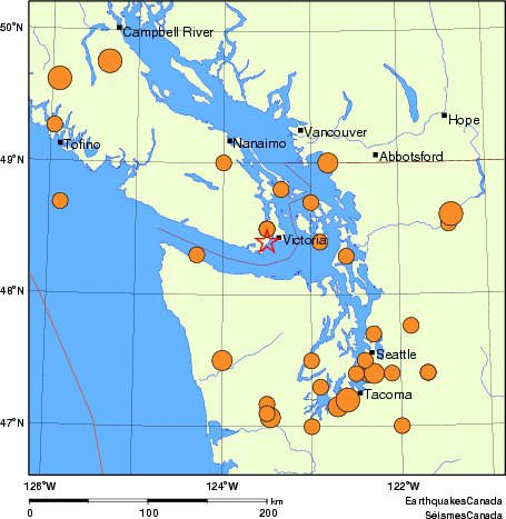 Map of historical earthquakes magnitude 5.0 and larger.  Details in the data table below