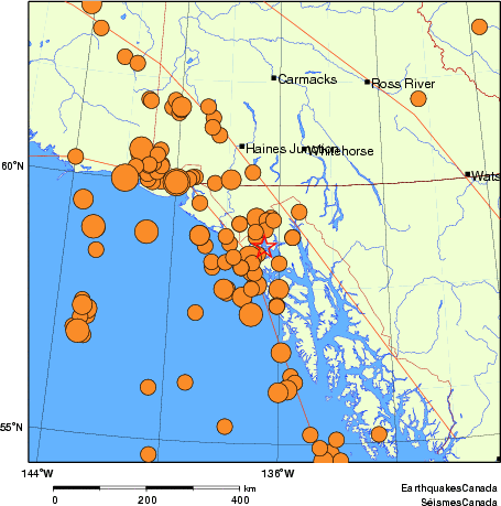 carte des séismes historiques de magnitude 5,0 et plus.  Détails dans le tableau de données ci-dessous