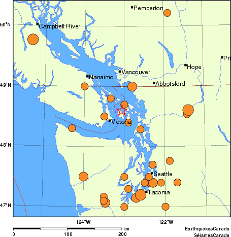 Map of historical earthquakes magnitude 5.0 and larger.  Details in the data table below