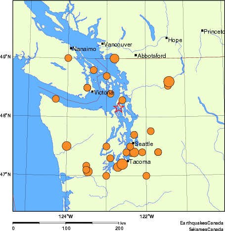 Map of historical earthquakes magnitude 5.0 and larger.  Details in the data table below