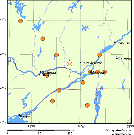 Map of historical earthquakes magnitude 5.0 and larger.  Details in the data table below