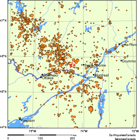 carte des des séismes de magnitude 2,0 et plus depuis 2000