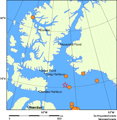 Map of historical earthquakes magnitude 5.0 and larger.  Details in the data table below