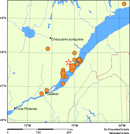 carte des séismes historiques de magnitude 5,0 et plus.  Détails dans le tableau de données ci-dessous