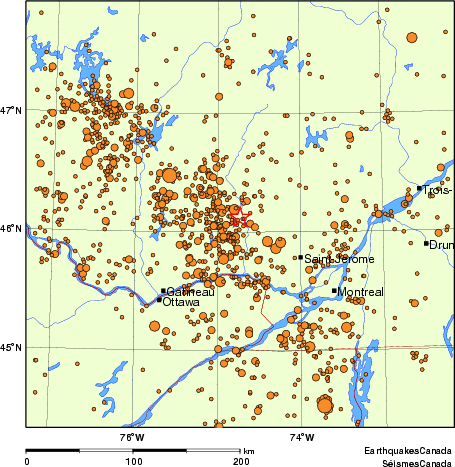 carte des des séismes de magnitude 2,0 et plus depuis 2000