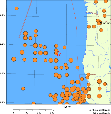 Map of historical earthquakes magnitude 5.0 and larger.  Details in the data table below