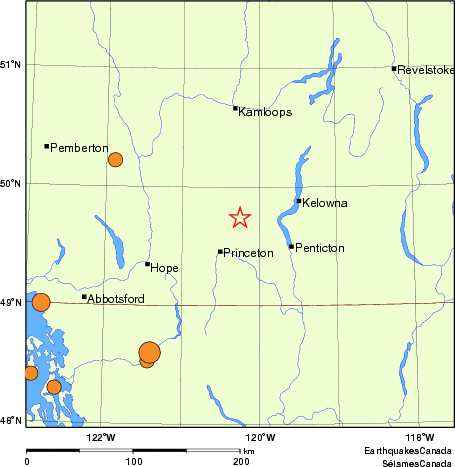 Map of historical earthquakes magnitude 5.0 and larger.  Details in the data table below