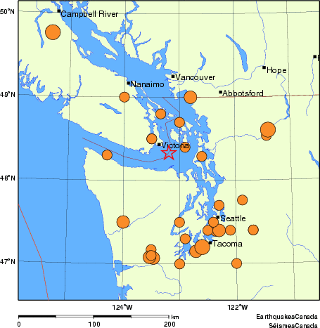 Map of historical earthquakes magnitude 5.0 and larger.  Details in the data table below