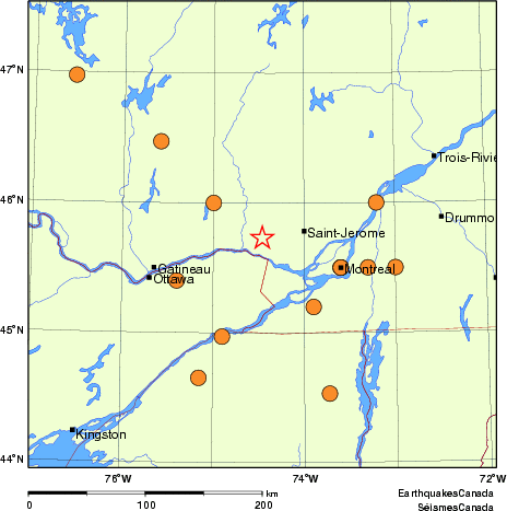 carte des séismes historiques de magnitude 5,0 et plus.  Détails dans le tableau de données ci-dessous