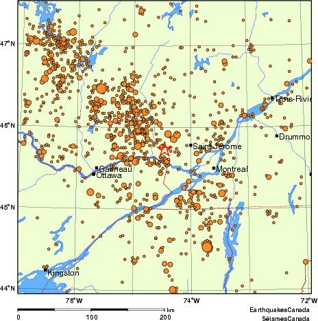 carte des des séismes de magnitude 2,0 et plus depuis 2000