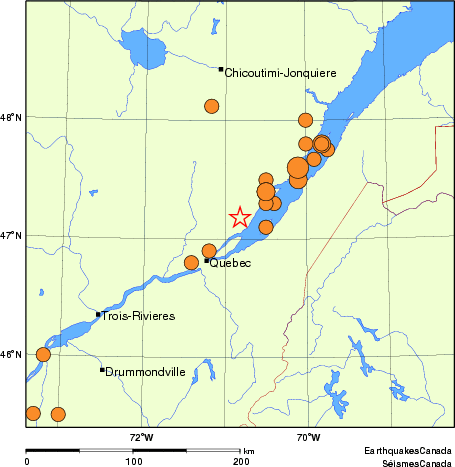 Map of historical earthquakes magnitude 5.0 and larger.  Details in the data table below