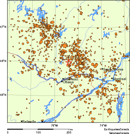 carte des des séismes de magnitude 2,0 et plus depuis 2000