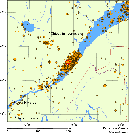 carte des des séismes de magnitude 2,0 et plus depuis 2000