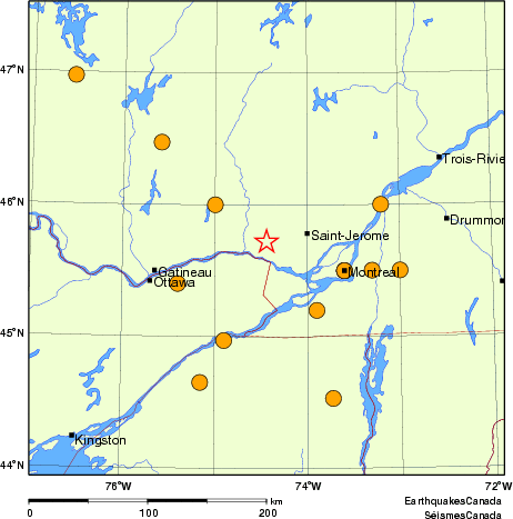 Map of historical earthquakes magnitude 5.0 and larger.  Details in the data table below