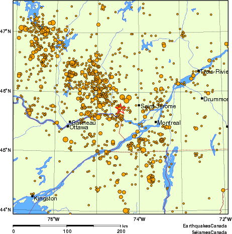 carte des des séismes de magnitude 2,0 et plus depuis 2000