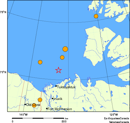 Map of historical earthquakes magnitude 5.0 and larger.  Details in the data table below