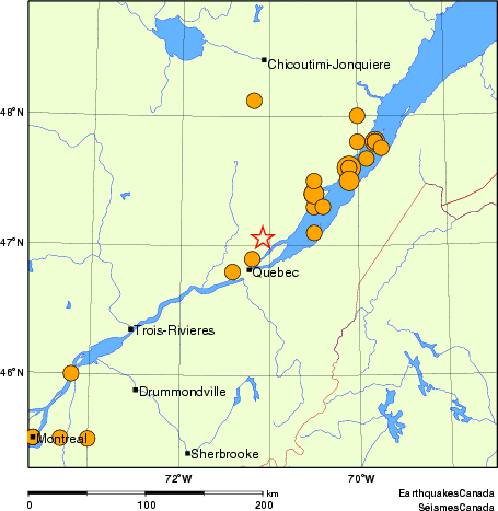 carte des séismes historiques de magnitude 5,0 et plus.  Détails dans le tableau de données ci-dessous