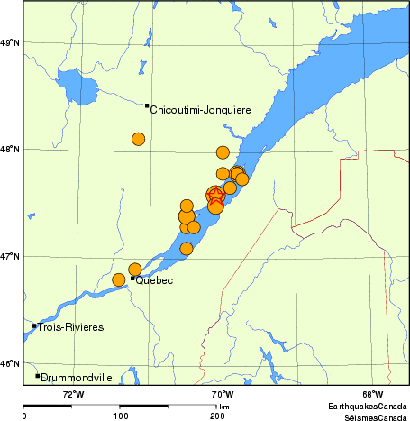 Map of historical earthquakes magnitude 5.0 and larger.  Details in the data table below