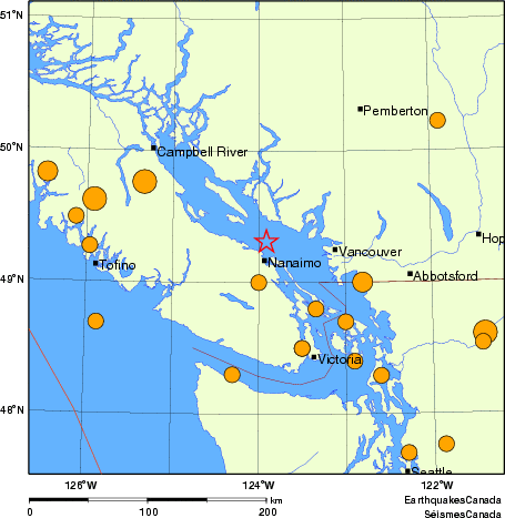 Map of historical earthquakes magnitude 5.0 and larger.  Details in the data table below