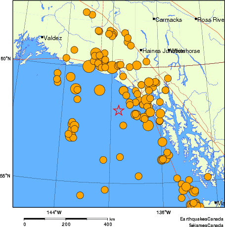 Map of historical earthquakes magnitude 5.0 and larger.  Details in the data table below