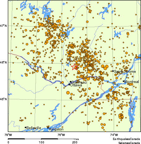 carte des des séismes de magnitude 2,0 et plus depuis 2000