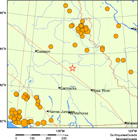 Map of historical earthquakes magnitude 5.0 and larger.  Details in the data table below