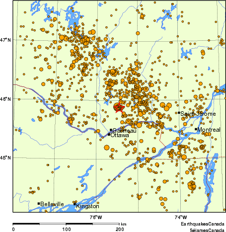 carte des des séismes de magnitude 2,0 et plus depuis 2000