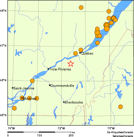 Map of historical earthquakes magnitude 5.0 and larger.  Details in the data table below