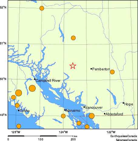 Map of historical earthquakes magnitude 5.0 and larger.  Details in the data table below